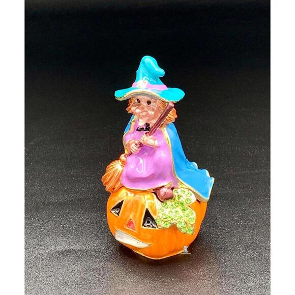 Halloween Witch Pumpkin Trinket Box Enamel Crystal Hinged Keepsake